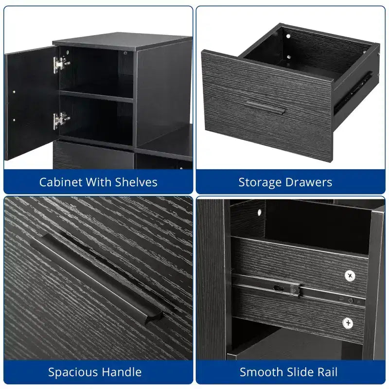 Karl Home 44 Black Office Desk with Cabinet & 3 Drawers Computer Desk Power Outlet and USB Ports