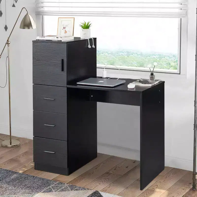 Karl Home 44 Black Office Desk with Cabinet & 3 Drawers Computer Desk Power Outlet and USB Ports