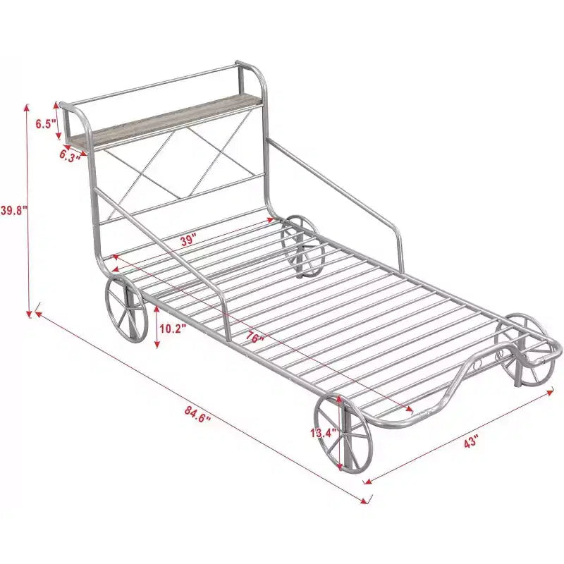 Acekool Twin Size Car Bed for Kids with Wheels, Metal Slat Support, Guard Rails, Storage Shelf, Red Race Car Design