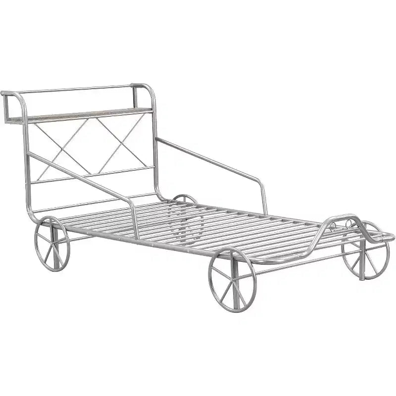 Acekool Twin Size Car Bed for Kids with Wheels, Metal Slat Support, Guard Rails, Storage Shelf, Red Race Car Design