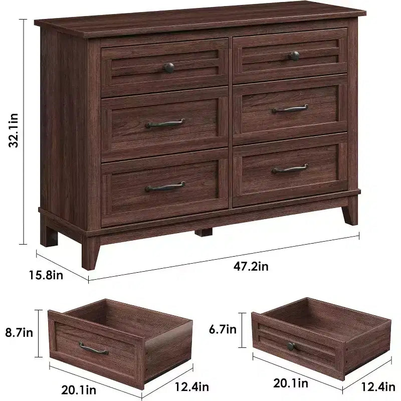 6 Drawer Dresser for Bedroom, 47 Wide Storage Chest, Modern Wooden Closet Organizer for Living Room, Entryway