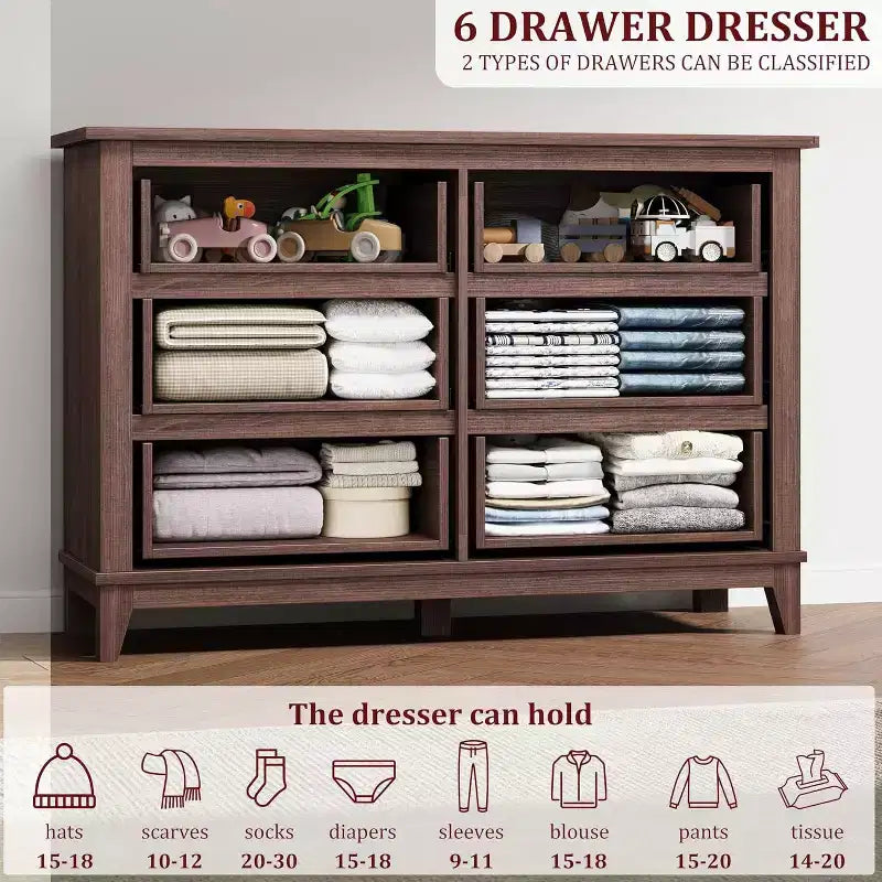 6 Drawer Dresser for Bedroom, 47 Wide Storage Chest, Modern Wooden Closet Organizer for Living Room, Entryway