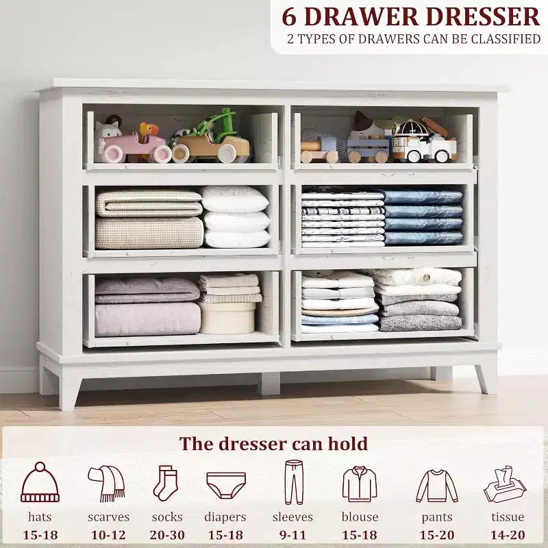 6 Drawer Dresser for Bedroom, 47 Wide Storage Chest, Modern Wooden Closet Organizer for Living Room, Entryway