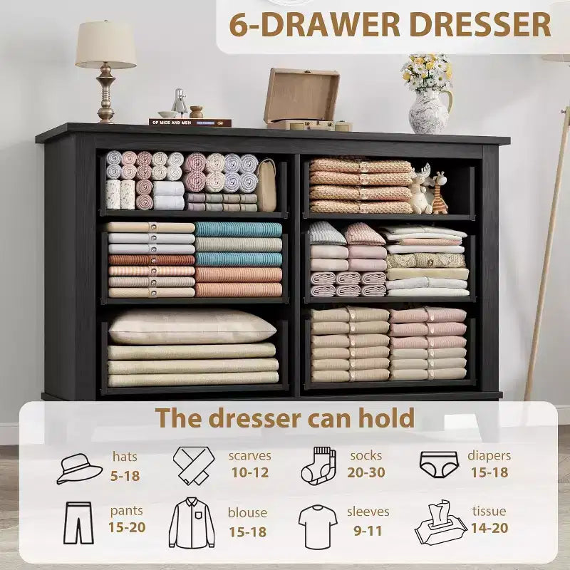 6 Drawer Dresser for Bedroom, 47 Wide Storage Chest, Modern Wooden Closet Organizer for Living Room, Entryway