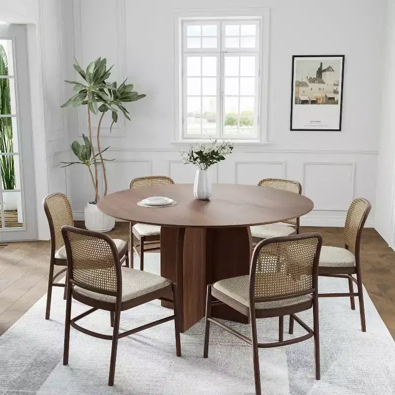 PexFix 52 x 52 Solid Wood Round Dining Table with Walnut Finish and Elegant Arched Legs for Modern Dining Rooms & Kitchens