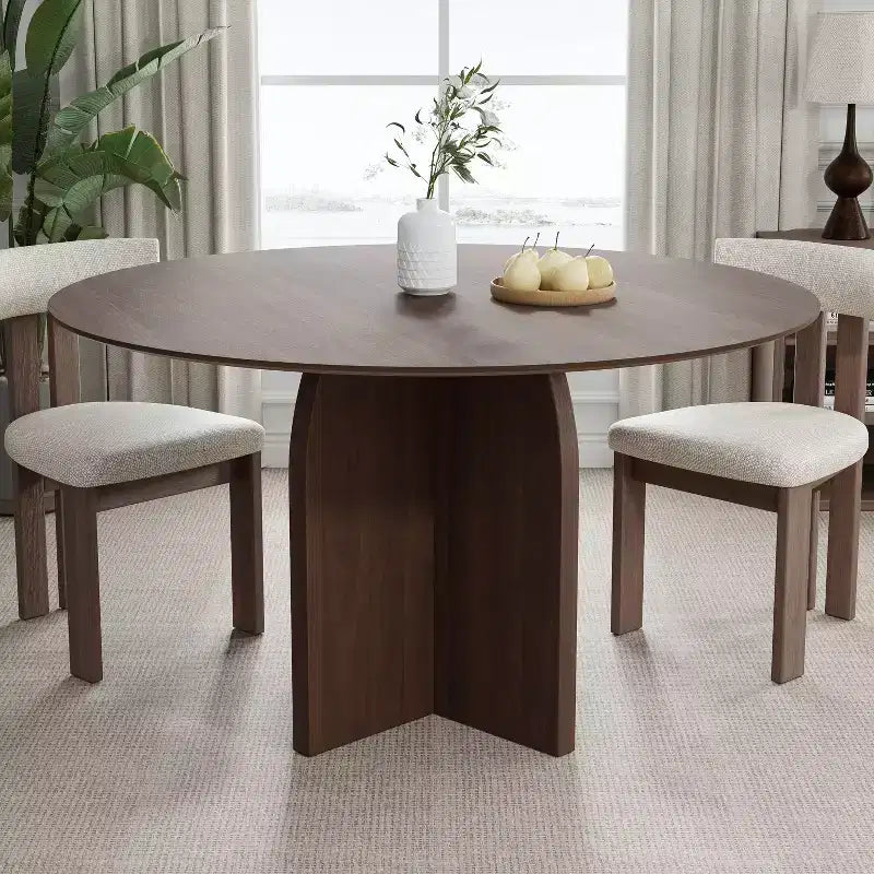PexFix 52 x 52 Solid Wood Round Dining Table with Walnut Finish and Elegant Arched Legs for Modern Dining Rooms & Kitchens
