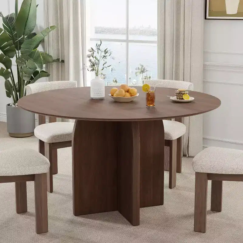 PexFix 52 x 52 Solid Wood Round Dining Table with Walnut Finish and Elegant Arched Legs for Modern Dining Rooms & Kitchens