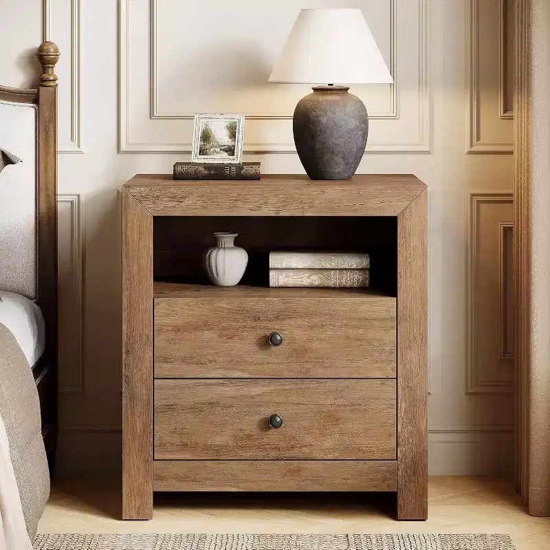 Lantine Farmhouse Nightstand with 2 Storage Drawers, Rustic Night Stand Bed Side Table for Bedroom, End Table for Small Places, Brown