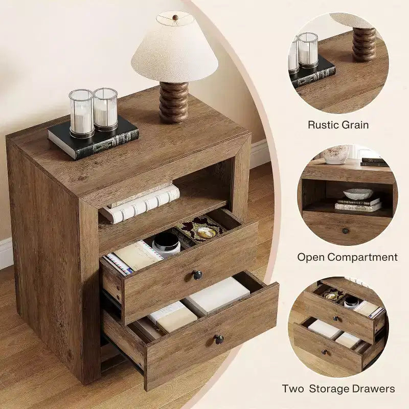 Lantine Farmhouse Nightstand with 2 Storage Drawers, Rustic Night Stand Bed Side Table for Bedroom, End Table for Small Places, Brown