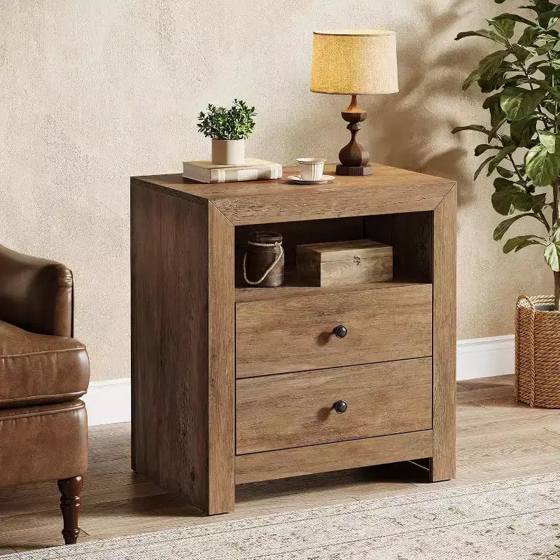 Lantine Farmhouse Nightstand with 2 Storage Drawers, Rustic Night Stand Bed Side Table for Bedroom, End Table for Small Places, Brown