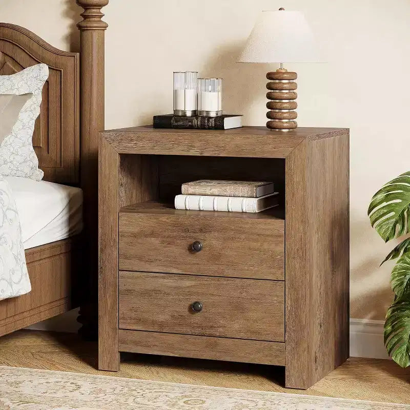 Lantine Farmhouse Nightstand with 2 Storage Drawers, Rustic Night Stand Bed Side Table for Bedroom, End Table for Small Places, Brown