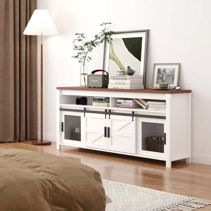 TV Stand, Entertainment Center - Farmhouse Media Console with Sliding Barn Doors & Mesh Doors, Rustic Wood Industrial Storage