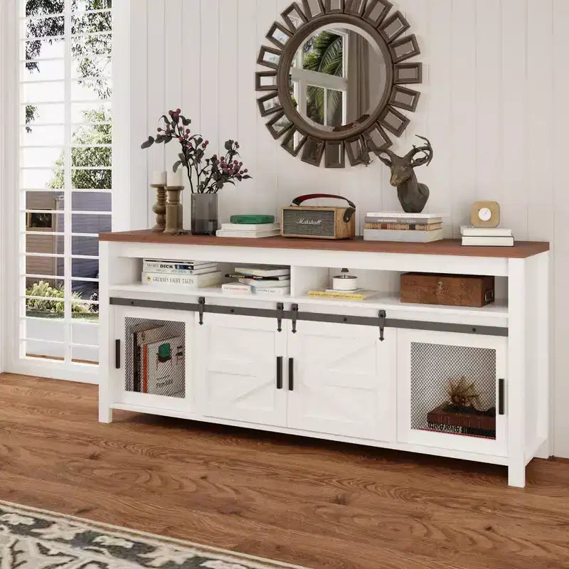TV Stand, Entertainment Center - Farmhouse Media Console with Sliding Barn Doors & Mesh Doors, Rustic Wood Industrial Storage