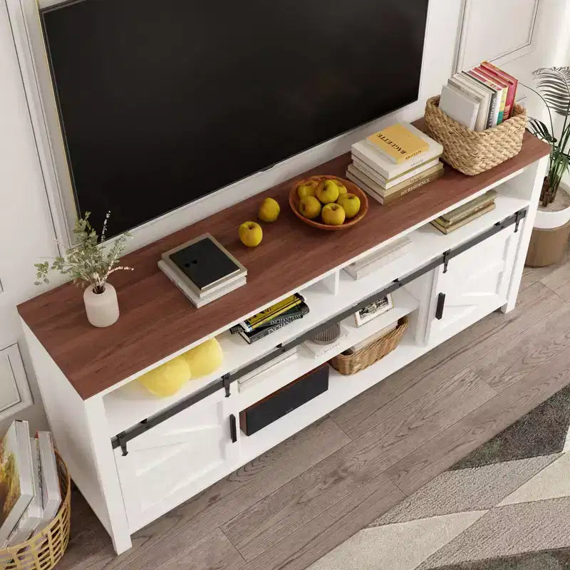 TV Stand, Entertainment Center - Farmhouse Media Console with Sliding Barn Doors & Mesh Doors, Rustic Wood Industrial Storage