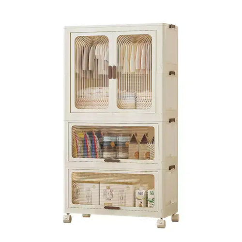 TROPOW 3 Tier Portable Kids Wardrobe Closet with Hanging Rod & Shelves - Foldable Children's Storage Organizer for Clothes, Toys, Books (White)