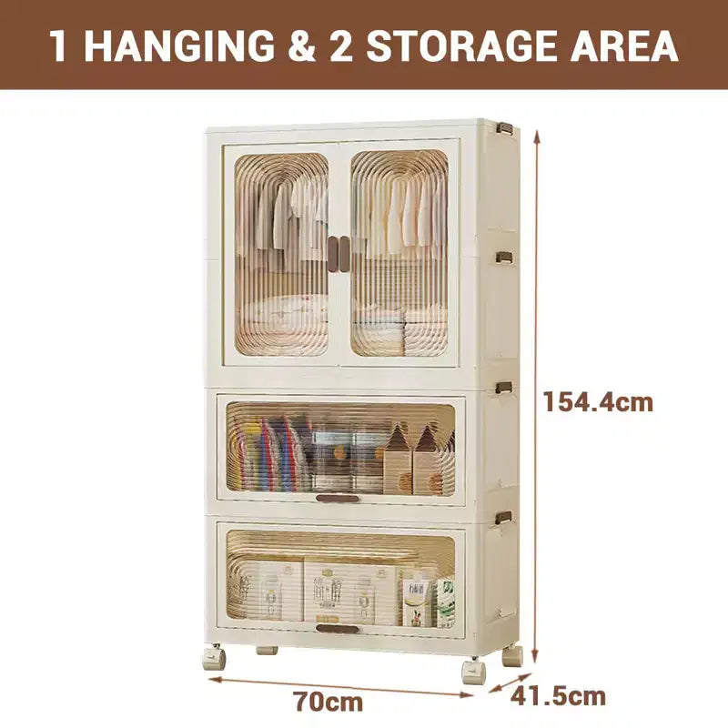 TROPOW 3 Tier Portable Kids Wardrobe Closet with Hanging Rod & Shelves - Foldable Children's Storage Organizer for Clothes, Toys, Books (White)