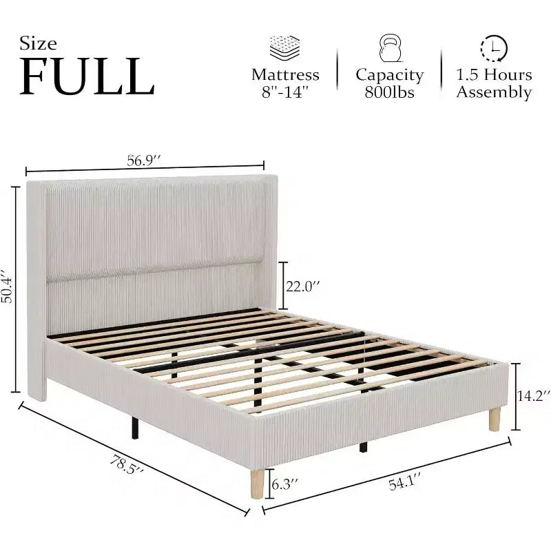 Bed Frame, Corduroy Upholstered King Bed Frame with Wingback Headboard, No Box Spring Needed, Solid Wooden Slats, Noise Free, Beige