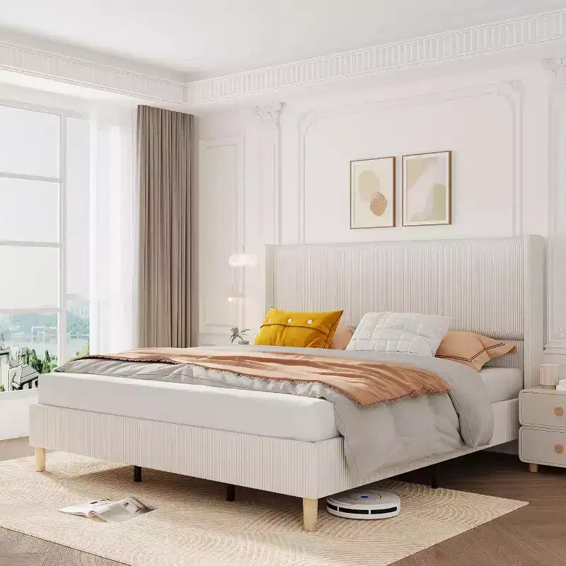 Bed Frame, Corduroy Upholstered King Bed Frame with Wingback Headboard, No Box Spring Needed, Solid Wooden Slats, Noise Free, Beige