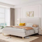 Bed Frame, Corduroy Upholstered King Bed Frame with Wingback Headboard, No Box Spring Needed, Solid Wooden Slats, Noise Free, Beige