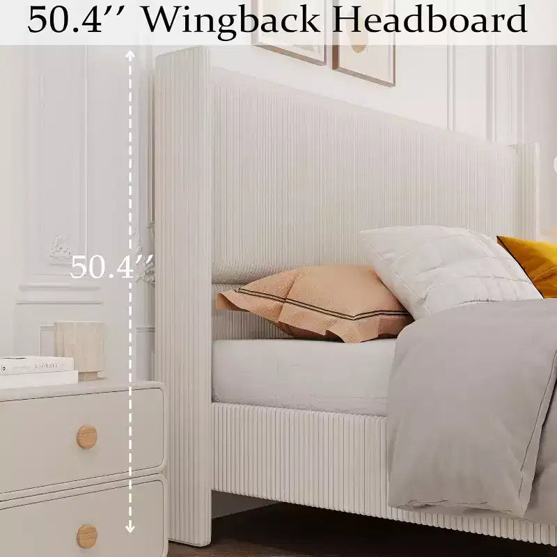 Bed Frame, Corduroy Upholstered King Bed Frame with Wingback Headboard, No Box Spring Needed, Solid Wooden Slats, Noise Free, Beige
