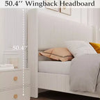 Bed Frame, Corduroy Upholstered King Bed Frame with Wingback Headboard, No Box Spring Needed, Solid Wooden Slats, Noise Free, Beige
