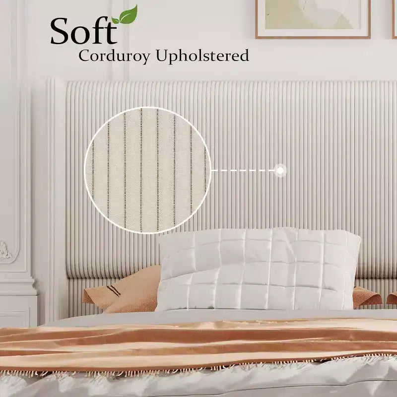 Bed Frame, Corduroy Upholstered King Bed Frame with Wingback Headboard, No Box Spring Needed, Solid Wooden Slats, Noise Free, Beige