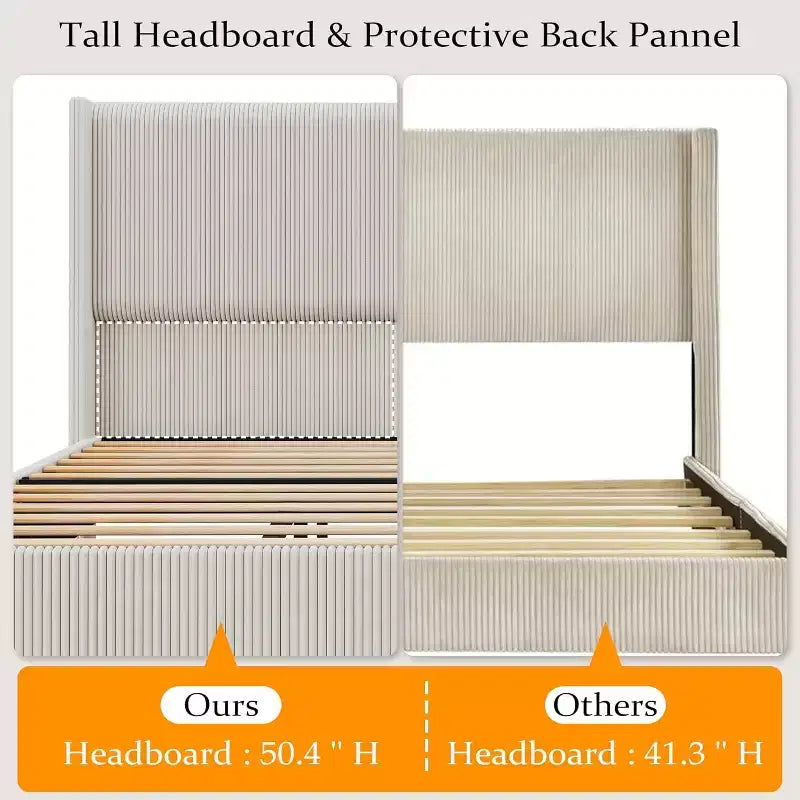 Bed Frame, Corduroy Upholstered King Bed Frame with Wingback Headboard, No Box Spring Needed, Solid Wooden Slats, Noise Free, Beige
