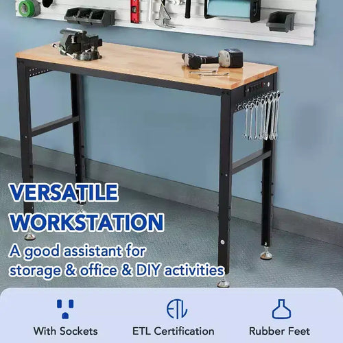 Acekool 60x20 Adjustable Workbench, 2000lbs Load, Height Adjustable, Power Outlet, Locking Wheels, Hooks, for Garage Workshop