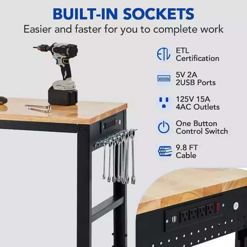 Acekool 60x20 Adjustable Workbench, 2000lbs Load, Height Adjustable, Power Outlet, Locking Wheels, Hooks, for Garage Workshop