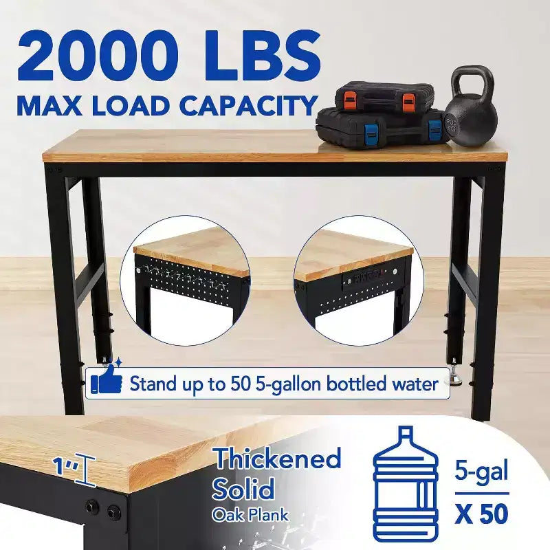 Acekool 60x20 Adjustable Workbench, 2000lbs Load, Height Adjustable, Power Outlet, Locking Wheels, Hooks, for Garage Workshop