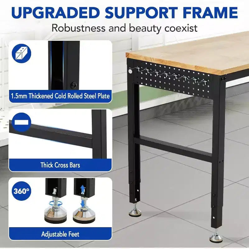 Acekool 60x20 Adjustable Workbench, 2000lbs Load, Height Adjustable, Power Outlet, Locking Wheels, Hooks, for Garage Workshop