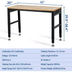 Acekool 60x20 Adjustable Workbench, 2000lbs Load, Height Adjustable, Power Outlet, Locking Wheels, Hooks, for Garage Workshop