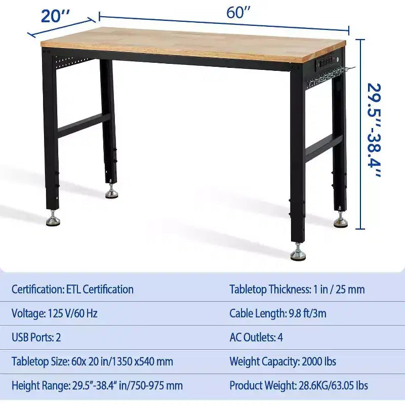 Acekool 60x20 Adjustable Workbench, 2000lbs Load, Height Adjustable, Power Outlet, Locking Wheels, Hooks, for Garage Workshop