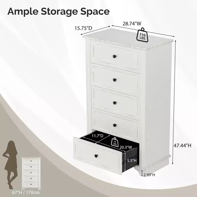 Karl Home 5-Drawer White MDF (Medium-Density Fiberboard) 28.74in. W Chest of Drawer