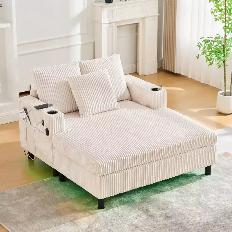 Oversized Upholstered Chaise Lounge Lazy Sleeper Sofa Bed Reading Couch with 3 Pillows, USB & Type-C port, Cup Holder, Side Pocket - ModernLuxe