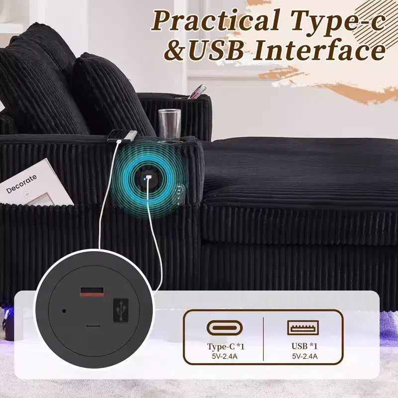 Oversized Upholstered Chaise Lounge Lazy Sleeper Sofa Bed Reading Couch with 3 Pillows, USB & Type-C port, Cup Holder, Side Pocket - ModernLuxe