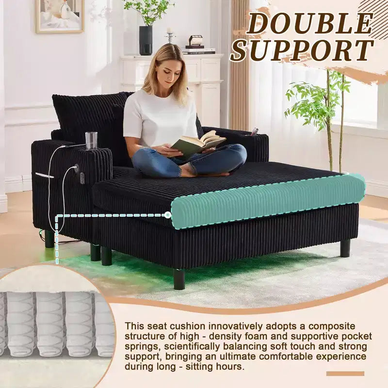 Oversized Upholstered Chaise Lounge Lazy Sleeper Sofa Bed Reading Couch with 3 Pillows, USB & Type-C port, Cup Holder, Side Pocket - ModernLuxe