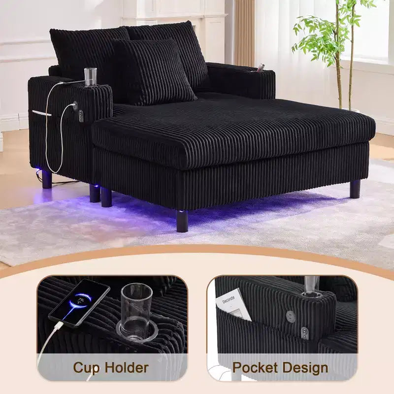 Oversized Upholstered Chaise Lounge Lazy Sleeper Sofa Bed Reading Couch with 3 Pillows, USB & Type-C port, Cup Holder, Side Pocket - ModernLuxe