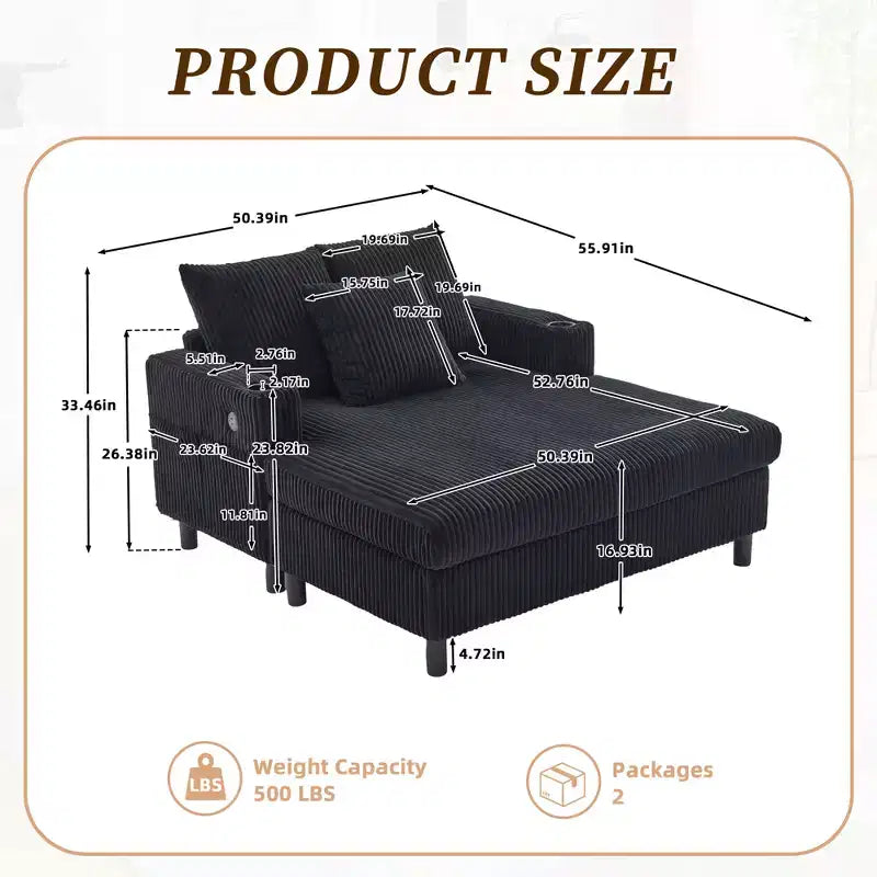 Oversized Upholstered Chaise Lounge Lazy Sleeper Sofa Bed Reading Couch with 3 Pillows, USB & Type-C port, Cup Holder, Side Pocket - ModernLuxe