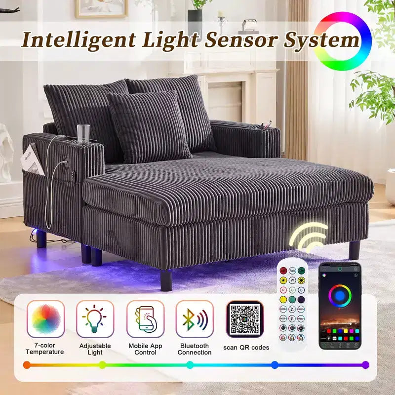 Oversized Upholstered Chaise Lounge Lazy Sleeper Sofa Bed Reading Couch with 3 Pillows, USB & Type-C port, Cup Holder, Side Pocket - ModernLuxe