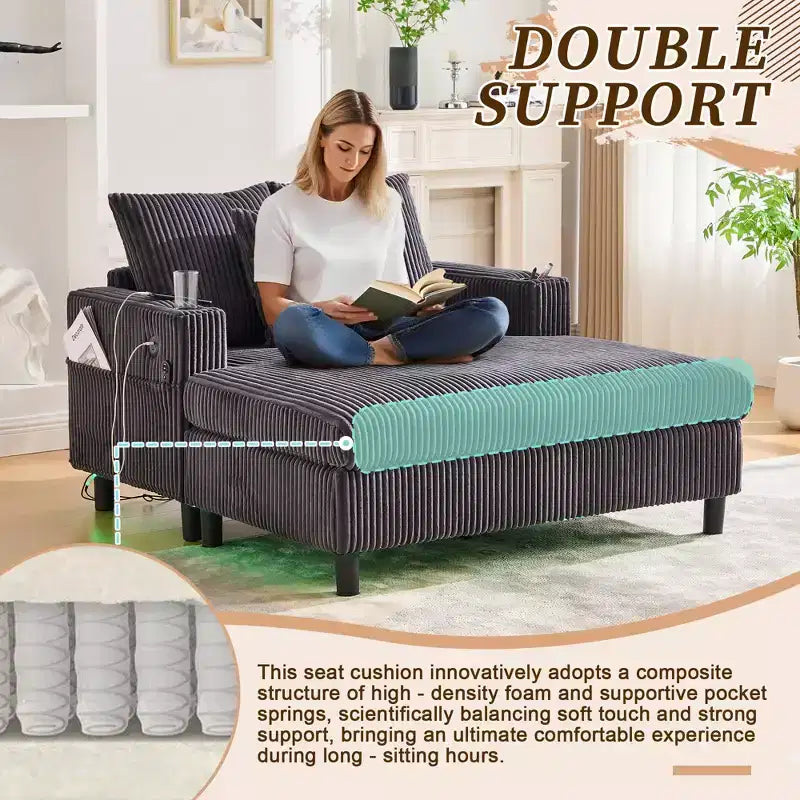 Oversized Upholstered Chaise Lounge Lazy Sleeper Sofa Bed Reading Couch with 3 Pillows, USB & Type-C port, Cup Holder, Side Pocket - ModernLuxe