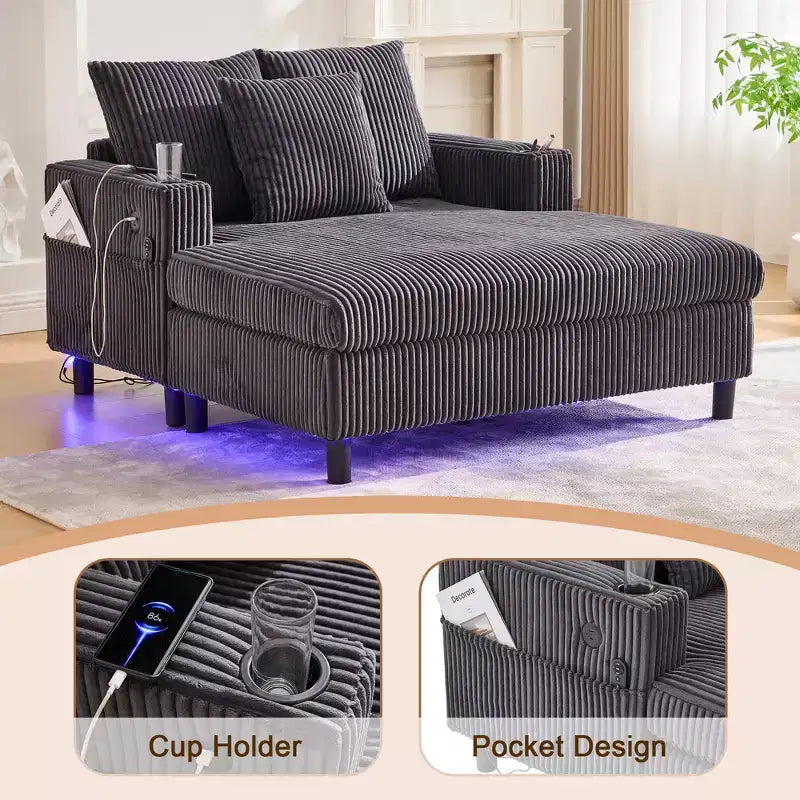 Oversized Upholstered Chaise Lounge Lazy Sleeper Sofa Bed Reading Couch with 3 Pillows, USB & Type-C port, Cup Holder, Side Pocket - ModernLuxe