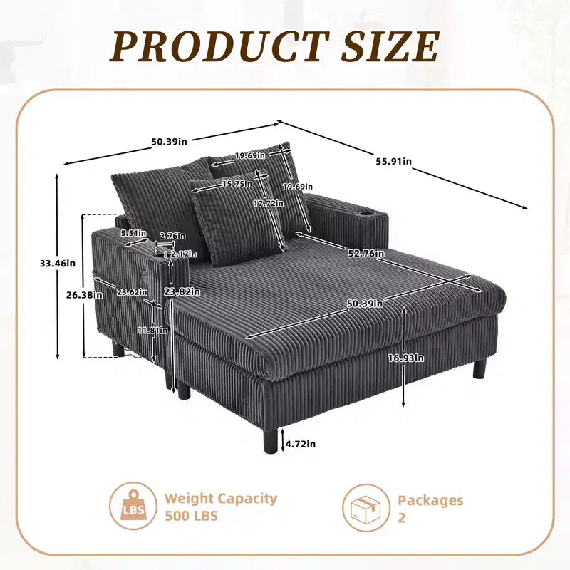 Oversized Upholstered Chaise Lounge Lazy Sleeper Sofa Bed Reading Couch with 3 Pillows, USB & Type-C port, Cup Holder, Side Pocket - ModernLuxe