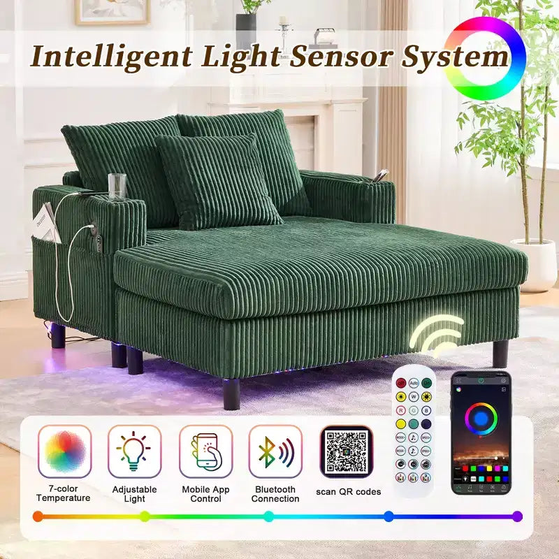 Oversized Upholstered Chaise Lounge Lazy Sleeper Sofa Bed Reading Couch with 3 Pillows, USB & Type-C port, Cup Holder, Side Pocket - ModernLuxe