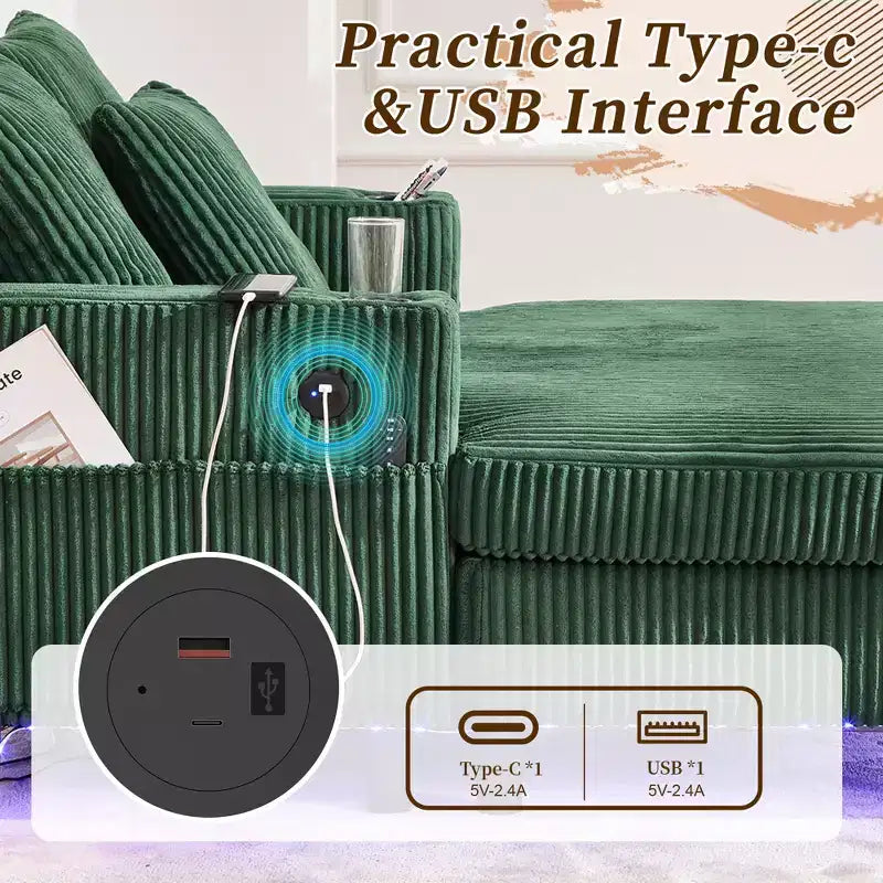 Oversized Upholstered Chaise Lounge Lazy Sleeper Sofa Bed Reading Couch with 3 Pillows, USB & Type-C port, Cup Holder, Side Pocket - ModernLuxe