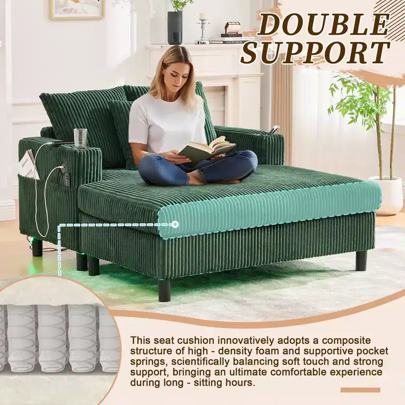 Oversized Upholstered Chaise Lounge Lazy Sleeper Sofa Bed Reading Couch with 3 Pillows, USB & Type-C port, Cup Holder, Side Pocket - ModernLuxe