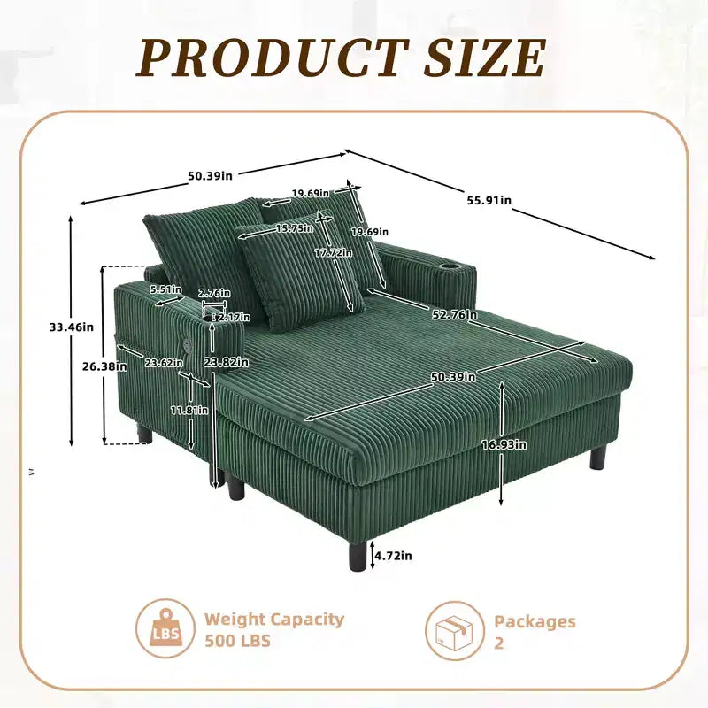 Oversized Upholstered Chaise Lounge Lazy Sleeper Sofa Bed Reading Couch with 3 Pillows, USB & Type-C port, Cup Holder, Side Pocket - ModernLuxe