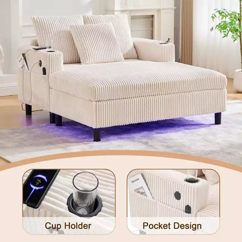 Oversized Upholstered Chaise Lounge Lazy Sleeper Sofa Bed Reading Couch with 3 Pillows, USB & Type-C port, Cup Holder, Side Pocket - ModernLuxe
