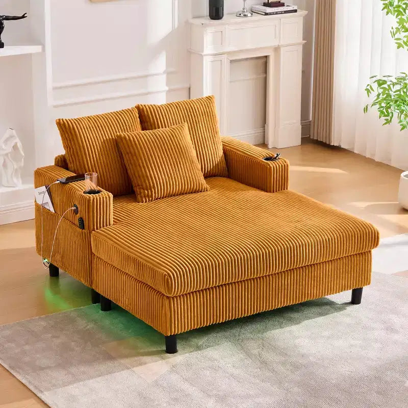 Oversized Upholstered Chaise Lounge Lazy Sleeper Sofa Bed Reading Couch with 3 Pillows, USB & Type-C port, Cup Holder, Side Pocket - ModernLuxe