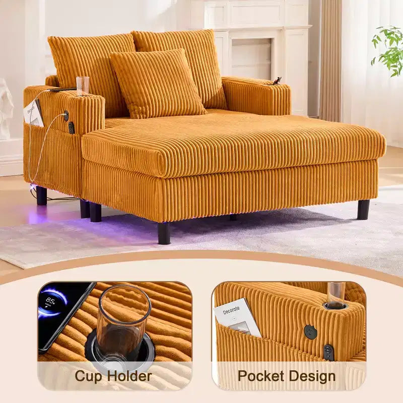 Oversized Upholstered Chaise Lounge Lazy Sleeper Sofa Bed Reading Couch with 3 Pillows, USB & Type-C port, Cup Holder, Side Pocket - ModernLuxe